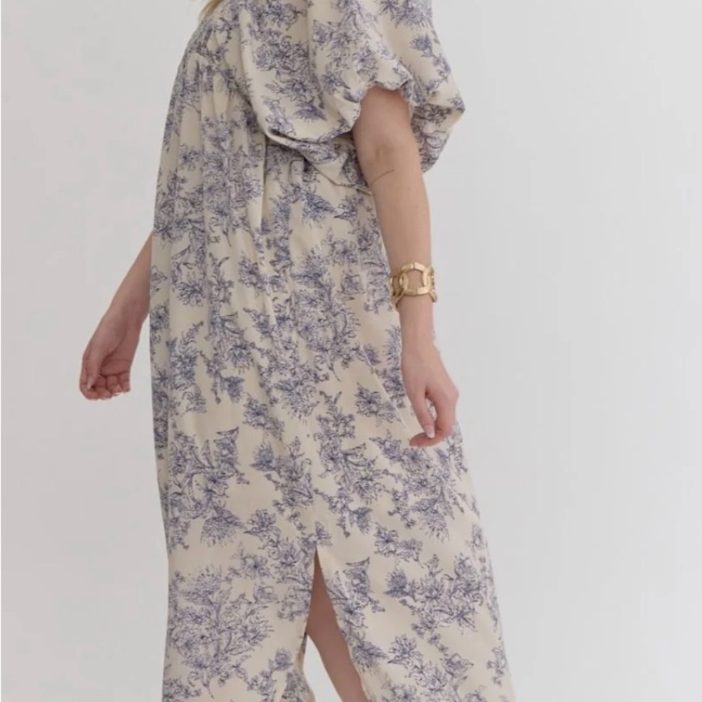Entro Blue/Ivory Floral Toile Midi Dress, Size Medium - Picture 7 of 8